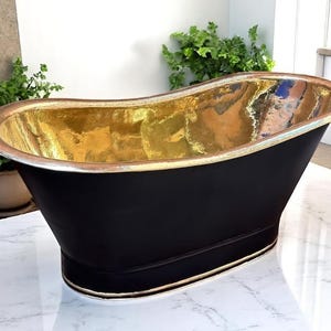 Freestanding Bathtub With Black Exterior, Brass Straight Base Bathtub, Outdoor Soaking Tub, Stand Alone Bathtubs, brass bathtub