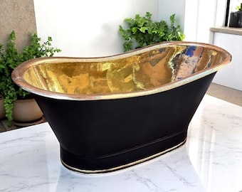 Freistehende Badewanne mit schwarzem Äußeres, Messing-Badewanne mit gerader Basis, Badewanne im Freien, Stand-Alone-Badewannen, Messingbadewanne