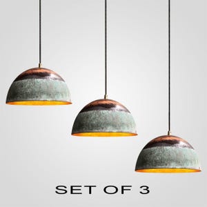 Copper Pendant Light Rustic Patina – Set of 3 Handmade Dome Hanging Lamp for Farmhouse, Loft, Industrial & Vintage Home Decor