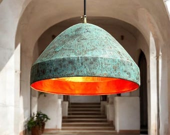 Handmade Green Patina Copper Pendant Light: Farmhouse Dome Ceiling Lamp