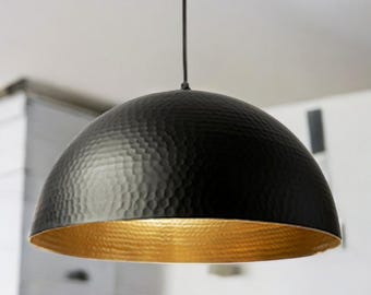 Handmade Hammered Copper Pendant Light: Black & Brass Dome Lamp