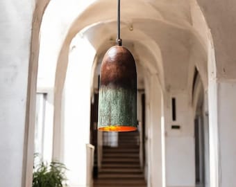 Handmade Oxidized Copper Pendant Light: Green Patina Farmhouse Lighting