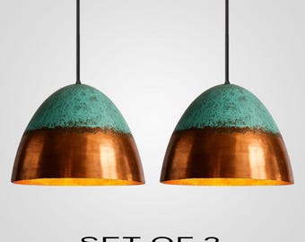 Handgjord hamrad kopparpendellampa, set om 2: Oxiderad lantlig köksbelysning