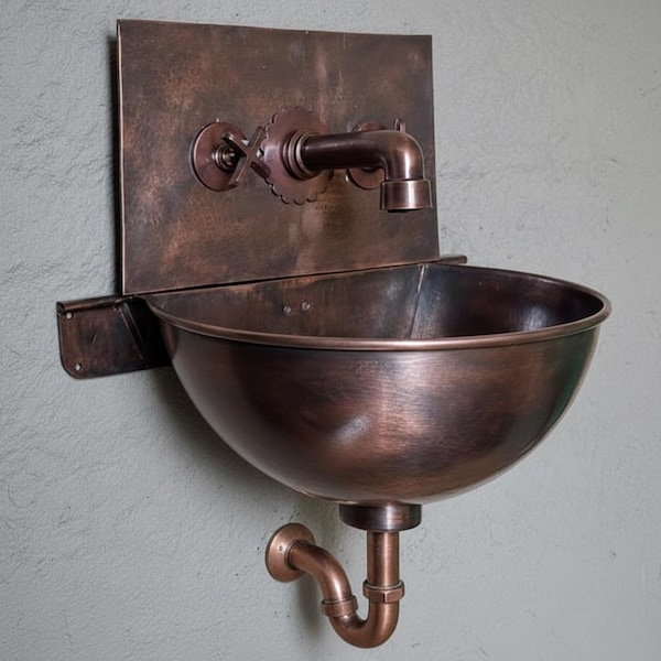 Handcrafted Copper Sink – Rustic Farmhouse Wall Mounted Basin, Patina Finish