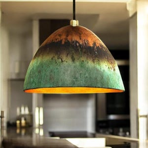 Handmade Green Patina Copper Pendant Light, Vintage Oxidized Ceiling Lamp, Hammered Rustic Farmhouse Kitchen Island Light Fixture
