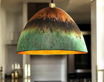 Handmade Green Patina Copper Pendant Light: Rustic Farmhouse Lighting