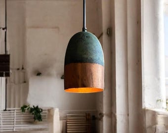 Handmade Green Patina Copper Pendant Light: Rustic Farmhouse Dome Lamp