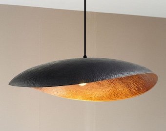 Handmade Patina Copper Pendant Light – Shallow Dome, Rustic Kitchen Lighting