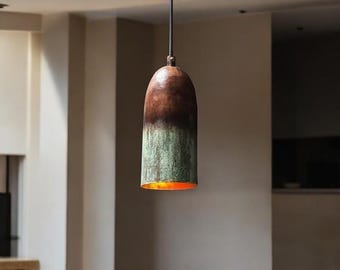 Handmade Oxidized Copper Pendant Light: Green Patina Farmhouse Lighting