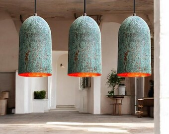 Handmade Green Patina Copper Pendant Light: Farmhouse Island Lighting