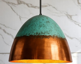 Green Patina Copper Pendant Light: Handmade Farmhouse Kitchen Lighting