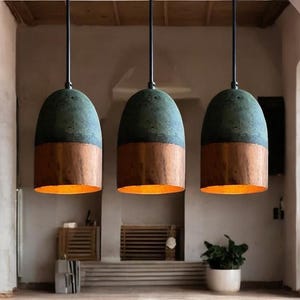 Set of 3 Green Patina Copper Pendant Lights, Rustic Farmhouse Ceiling Fixtures, Handmade Oxidized Dome Lamps for Kitchen & Dining