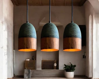 Handmade Green Patina Copper Pendant Lights: Rustic Farmhouse Set of 3