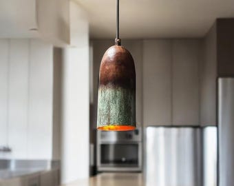Handmade Oxidized Copper Pendant Light: Green Patina Farmhouse Lighting