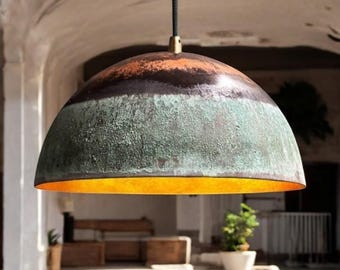 Handmade Copper Patina Pendant Light: Rustic Dome Hanging Lamp