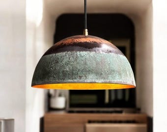 Handmade Copper Patina Dome Pendant Light: Rustic Farmhouse Lighting