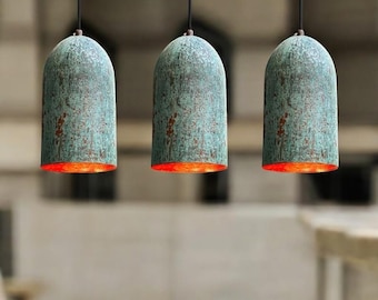 Handmade Green Patina Copper Pendant Light: Farmhouse Island Lighting