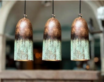 Handmade Oxidized Copper Pendant Lights: Green Patina Farmhouse Lighting, Set of 3