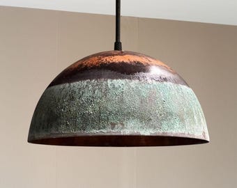 Handmade Copper Patina Dome Pendant Light: Rustic Farmhouse Lighting