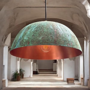Oxidized Green Patina Copper Pendant Light, Handmade Dome Ceiling Light, Rustic Farmhouse Kitchen Island Fixture, Verdigris Copper Shade