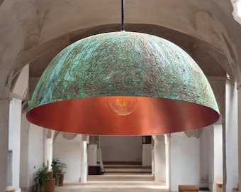 Handmade Green Patina Copper Pendant Light: Rustic Farmhouse Dome Ceiling Fixture