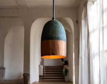 Handmade Green Patina Copper Pendant Light: Rustic Farmhouse Dome Lamp