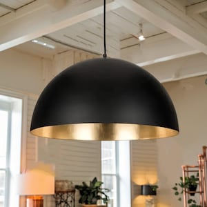 Handmade Black & Brass Dome Ceiling Pendant Light, Modern Farmhouse Dome Ceiling Lamp, Industrial Kitchen Island Hanging Light,Fixture Light