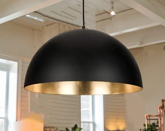 Handmade Black & Brass Dome Pendant Light: Farmhouse Kitchen Lighting