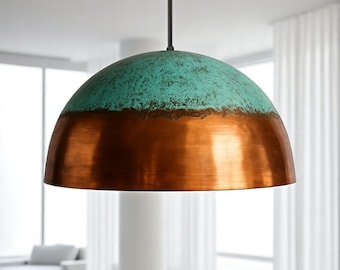 Handmade Copper Pendant Light: Oxidized Green Patina Dome