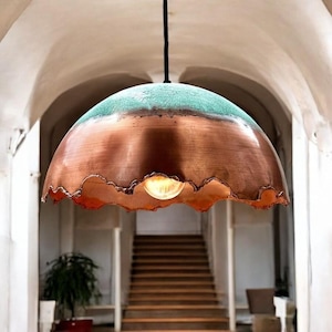 Handmade Green Patina Copper Pendant Light: Scalloped Farmhouse Ceiling Lamp