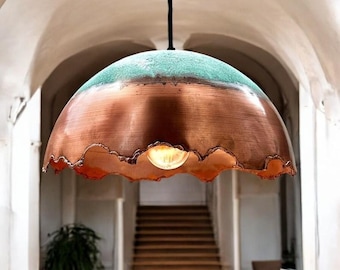 Handmade Green Patina Copper Pendant Light: Scalloped Farmhouse Ceiling Lamp