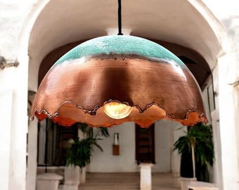 Handmade Green Patina Copper Pendant Light: Scalloped Farmhouse Ceiling Lamp