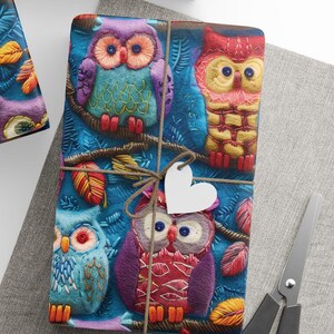 Felted Owl Wrapping Papers, Cute Owl Pattern Gift Wrap for Present, Holiday Owl Gift Wrap Roll, Birthday Owl Patterned Wrapping Paper