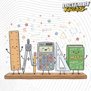 May include: A cartoon illustration featuring a wooden ruler, a compass with a pencil, a calculator, a triangle, and a green maths book, all with smiling faces. The text 'DIGITALBY KARIMUS' appears at the top, with mathematical symbols and stars.