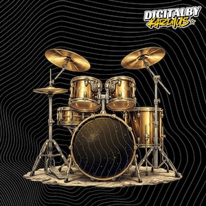 May include: A gold-colored drum set with cymbals, drums, and stands. The drum set is set against a black background with a wavy pattern. The text "DIGITALBY KARLIUS" is in the upper right corner.