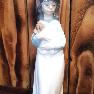 Nao Vintage  1980s Made In Spain - Porcelain  Figurine Girl Holding  Puppy