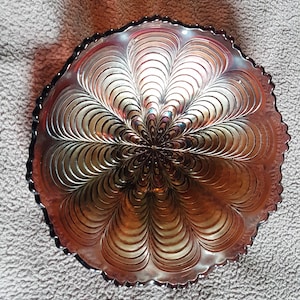 Vintage Fenton Peacock Tail Pattern Carnival Glass Bowl