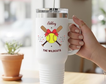 Custom Softball Insulated Travel Mug, 40oz, Customized Softball Team Gifts, Softball Player Gift, Softball Senior Night, Softball Lover Gift