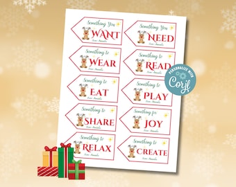 Puede incluir: Ocho etiquetas de regalo imprimibles con un reno de dibujos animados con el texto "Something You WANT", "Something to WEAR", "Something to EAT", "Something to SHARE", "Something to RELAX", "Something You NEED", "Something to READ", "Something to PLAY" y "Something for JOY", y "Something to CREATE".