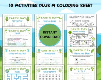 Puede incluir: Un paquete de actividades imprimibles para el Día de la Tierra para niños con 10 actividades, que incluyen un juego de tres en raya, un cuestionario, verdadero o falso, preferirías, descifrar, un juego de búsqueda del tesoro, un juego de dados de caramelo, un laberinto, una búsqueda de palabras y un juego de A a Z. El paquete también incluye una hoja para colorear.