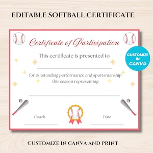 Editable Softball Certificate, End of Season Award, Certificate of Appreciation, Certificate Template, Printable Awards, Sports Certificate