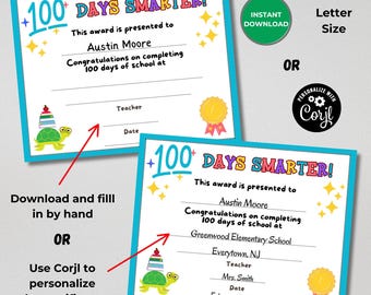 Editable 100 Days of School Certificate, 100 Days Brighter, Kids Certificate, First Grade, Milestone, Homeschool, Student Certificate