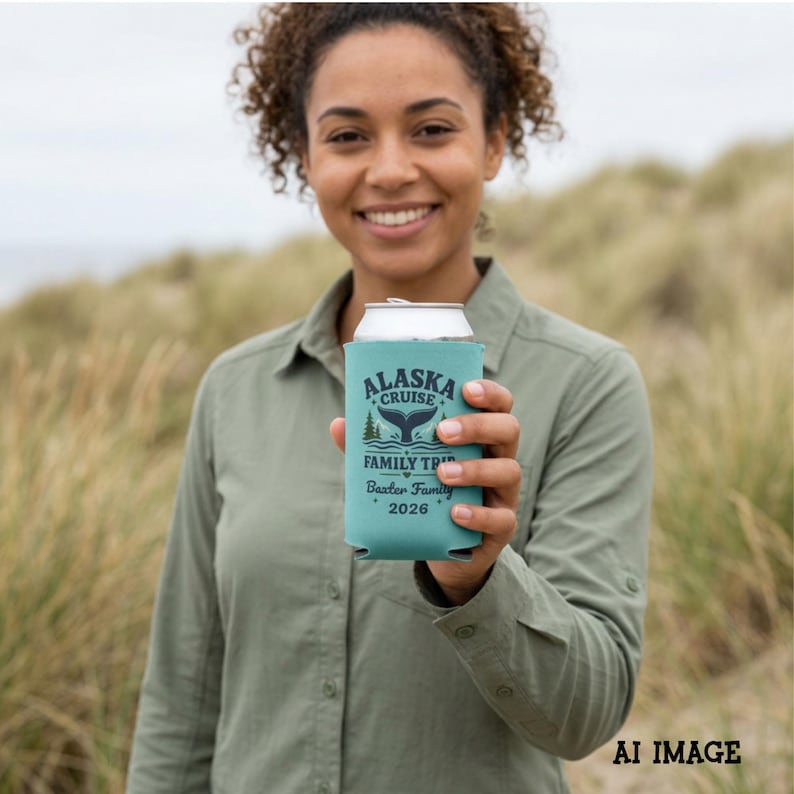 May include: A teal foam can cooler featuring a dark blue graphic of a whale tail, pine trees, and the text ALASKA CRUISE FAMILY TRIP Baxter Family 2026. The cylindrical sleeve is designed to hold a standard beverage can and has a smooth texture.