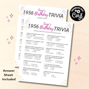 May include: Two sheets of 1956 Birthday Trivia answer sheets with a pink and gold design. The trivia sheets include questions about the year 1956, with a customizable area for personalization.