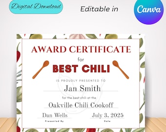 Editable Chili Cookoff Award Certificate, Editable Certificate, Recognition Award, Chili Competition Award Certificate, Certificate Template