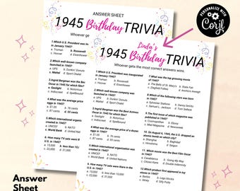 May include: Two sheets of 1945 Birthday Trivia game with multiple-choice questions. The answer sheet is included. The trivia game is personalized with the name "Linda's" and the text "Personalize with Corjl".