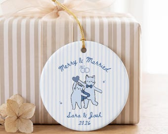 Custom Merry and Married Cat Couple Ceramic Ornament First Year Married Gift, Newlywed Keepsake, Custom Just Married Gift, Just Married Gift
