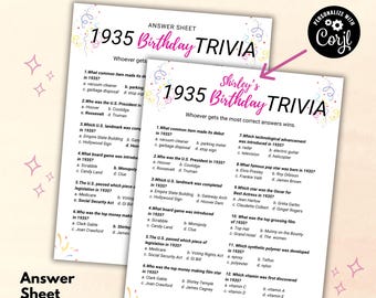 Editable 1935 Birthday Trivia, 90th Birthday Party, Games for Seniors, Adult Games, Family Games, Year You Were Born, Ice Breaker Games