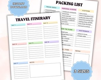 May include: Two printable travel planning sheets: a travel itinerary and a packing list. The itinerary is divided into seven days with space for notes. The packing list includes categories for travel documents, personal hygiene, clothing, and electronics. The words "Instant Download" and "3 Sizes" are also visible.