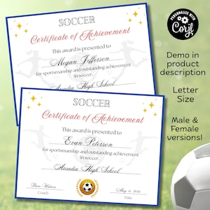 Editable Soccer Certificate of Achievement, Team Certificates, End of Season Award, Soccer Team Awards, Editable Certificate, Custom Awards